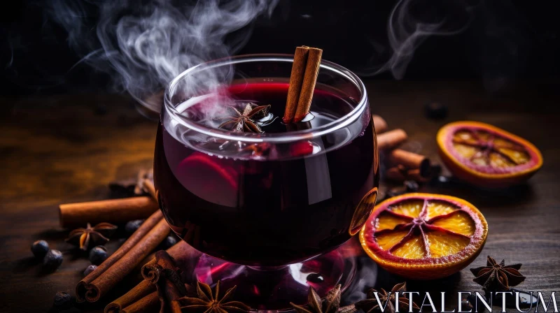 Warm and Spiced Mulled Wine on Wooden Table AI Image