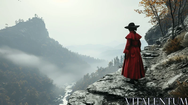 Woman on Cliff Overlooking River and Forest AI Image
