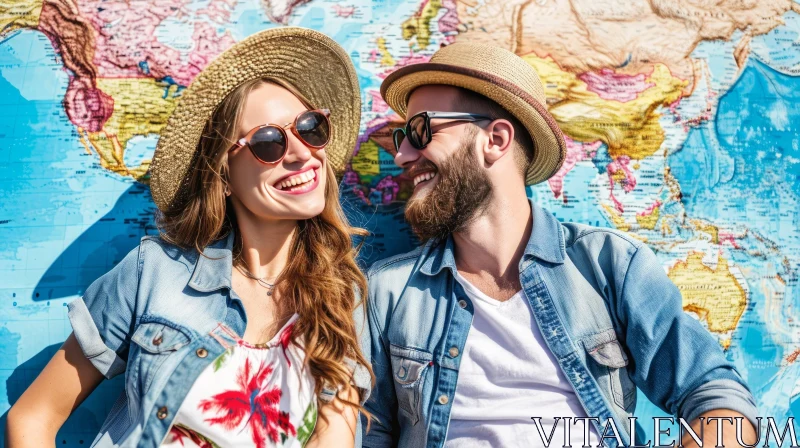Young Couple Sitting in Front of World Map - Casual and Smiling AI Image