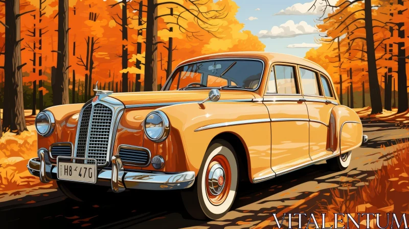 AI ART Autumn Forest Classic Car Digital Painting