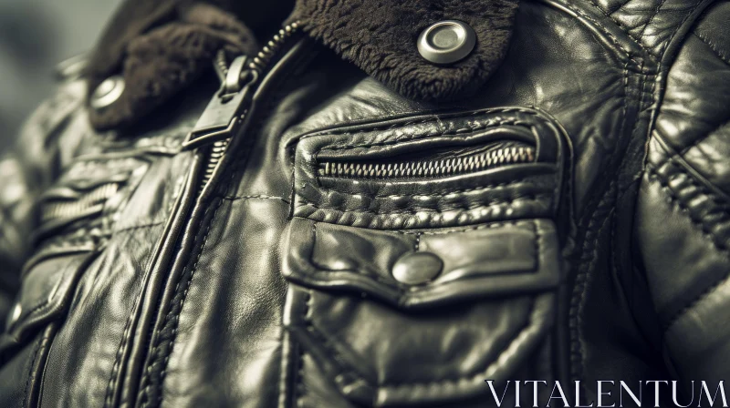 Black Leather Jacket with Fur Collar - Close-up Fashion Photo AI Image