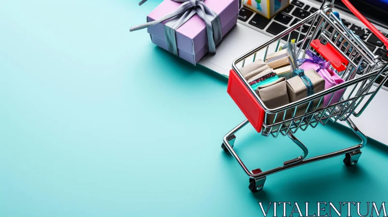 Blue Background with Laptop, Shopping Cart, and Gift Box AI Image