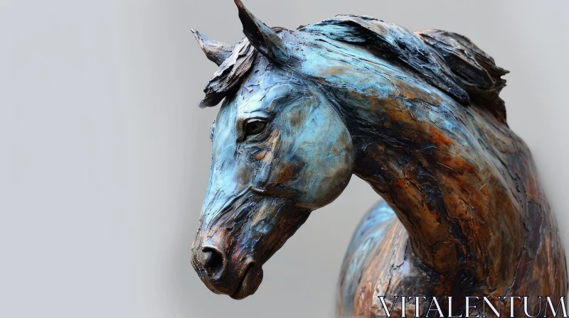 Bronze Horse Head with Blue Patina - Close-up Photograph AI Image