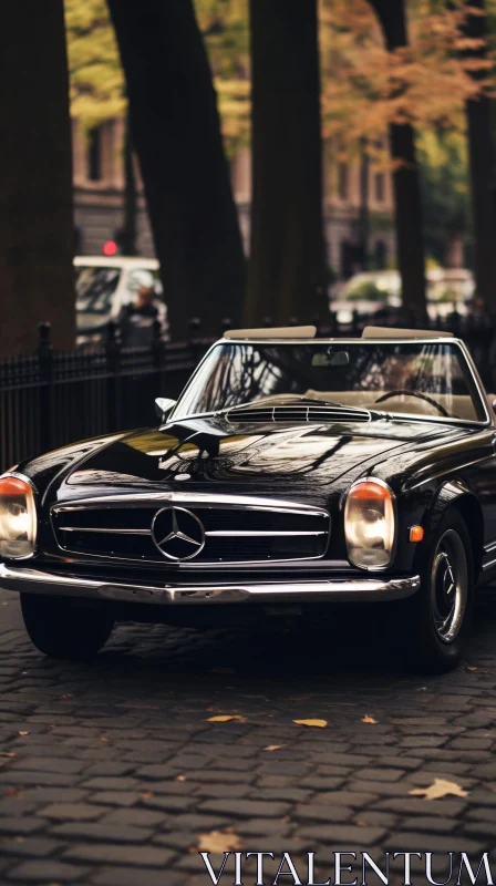 Classic Black Mercedes-Benz 280 SL Convertible on Cobblestone Street AI Image