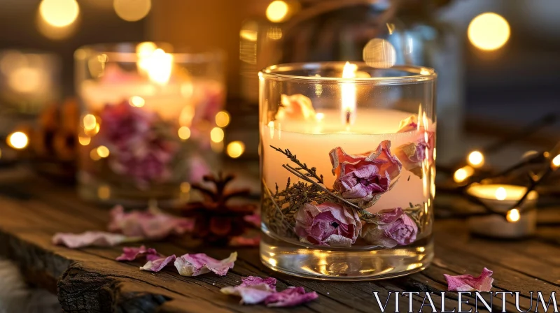 AI ART Close-Up of Burning Candle in Glass Jar with Pink Roses | Cozy Atmosphere