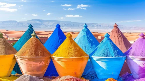 Colorful Clay Pots in Desert Landscape