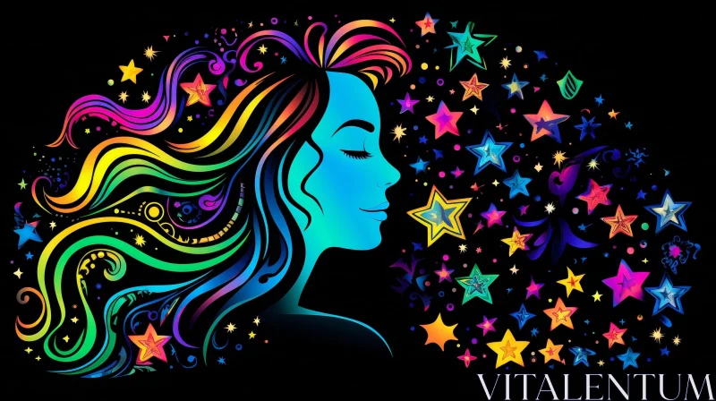 AI ART Colorful Woman Profile with Rainbow Hair and Stars