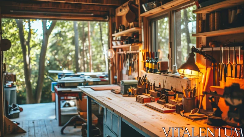 Cozy and Bright Workshop with Wooden Workbench | Peaceful Interior AI Image