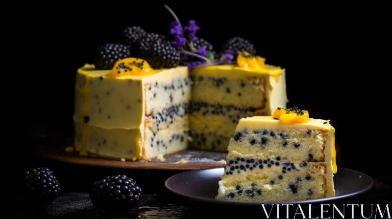 AI ART Delicious Cake Photography: Yellow Frosting and Blackberries