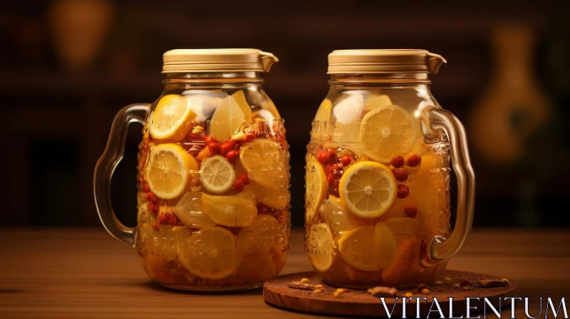 Glass Jars with Lemon Slices and Red Berries on Wooden Table AI Image