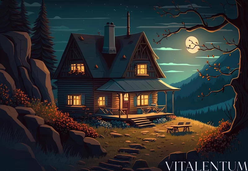 Moonlit Forest House: Enchanting Illustration of a Mysterious Night AI Image