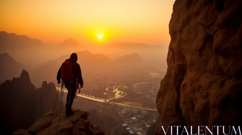 Mountain Climber at Sunset on Mountaintop AI Image