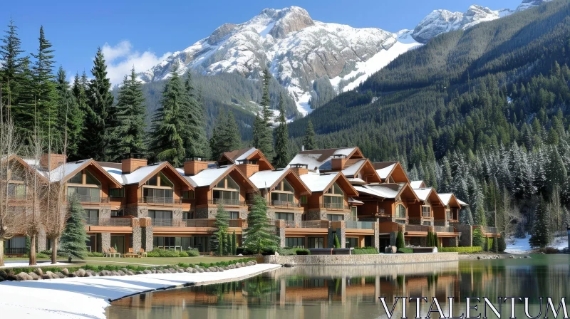 Serene Mountain Resort: Winter Escape Amidst Snow-Capped Peaks AI Image