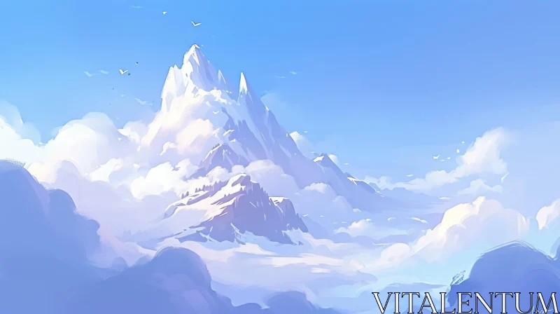 AI ART Snow-Capped Mountain Landscape with Clear Blue Sky