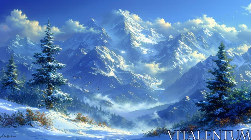 Snow-Capped Mountains Landscape - Serene Nature View AI Image