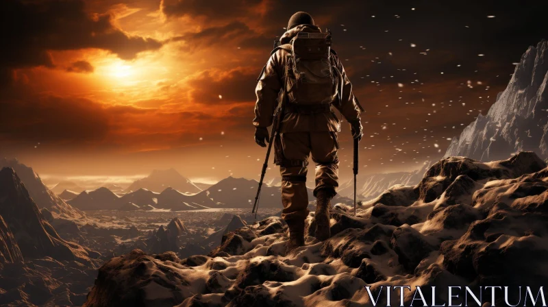 Soldier in Snowy Mountain Landscape at Sunset AI Image