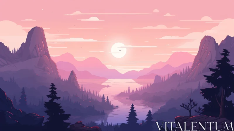Tranquil Sunset Landscape with Mountains and Lake AI Image
