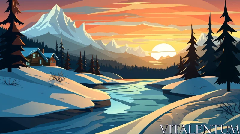 AI ART Tranquil Winter Landscape with Snow-Capped Mountains and River