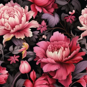 Vintage Floral Pattern with Pink Peonies on Dark Background
