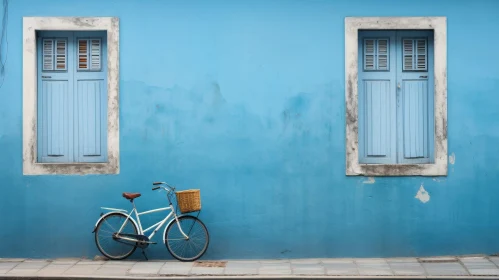 White Bicycle Parked in Front of Blue Wall