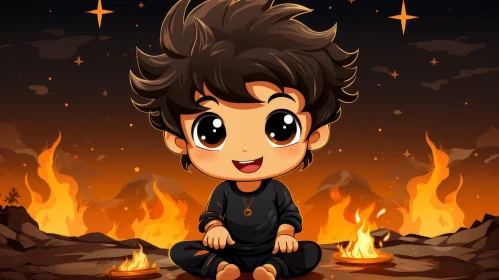 Young Boy Cartoon Campfire Illustration