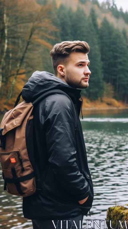 Young Man by Lake - Serene Portrait AI Image