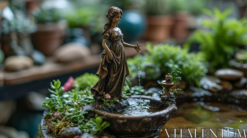 Bronze Statue of Woman in Fountain | Lush and Vibrant Scene AI Image