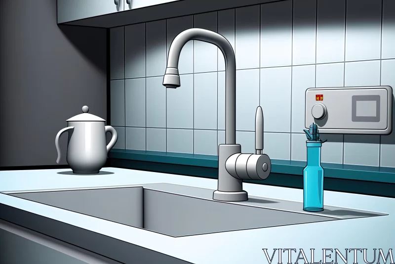 AI ART Cartoonish Black Sink with Blue Kettle - Realistic Lighting - Hyper-Detail