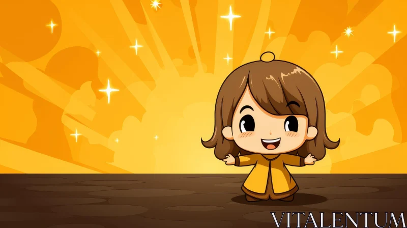 Cheerful Cartoon Girl in Yellow Raincoat AI Image