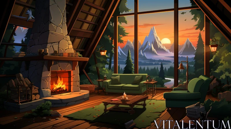 AI ART Cozy Rustic Living Room with Fireplace and Mountain View