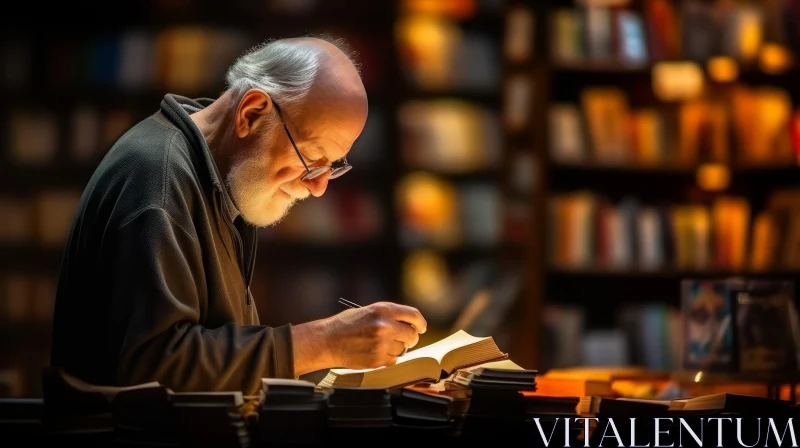 Elderly Man Reading Book in Library AI Image