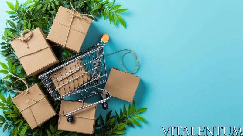 Elegant Composition of Shopping Cart with Brown Cardboard Boxes AI Image