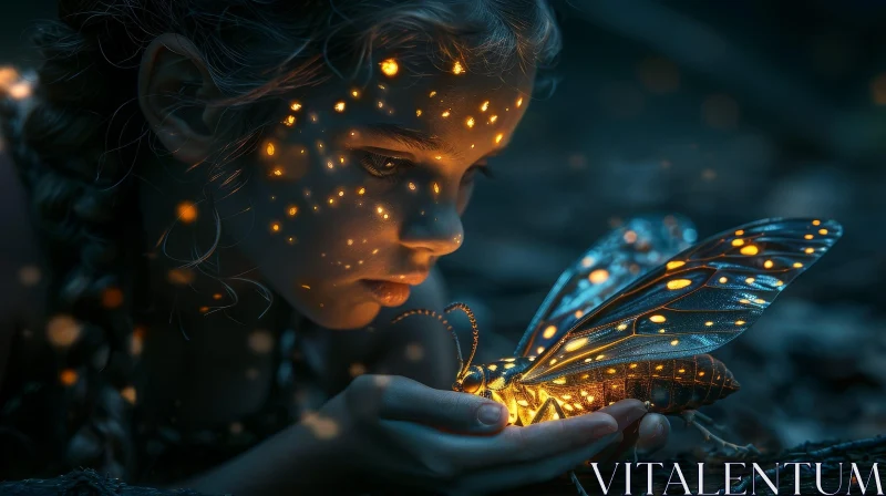 Enchanting Girl with Glowing Butterfly in Dark Forest AI Image