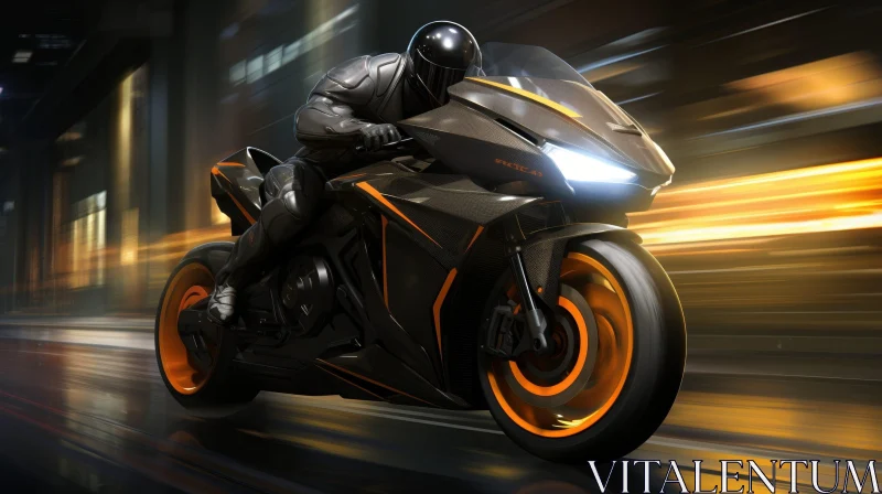 Fast Motorcycle Rider in Black and Orange Suit AI Image