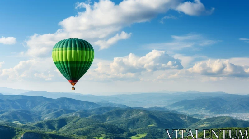 Green Hot Air Balloon Flying Over Mountain Range AI Image