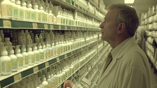 Inquisitive Man in Lab Coat Observing Drugstore Shelves