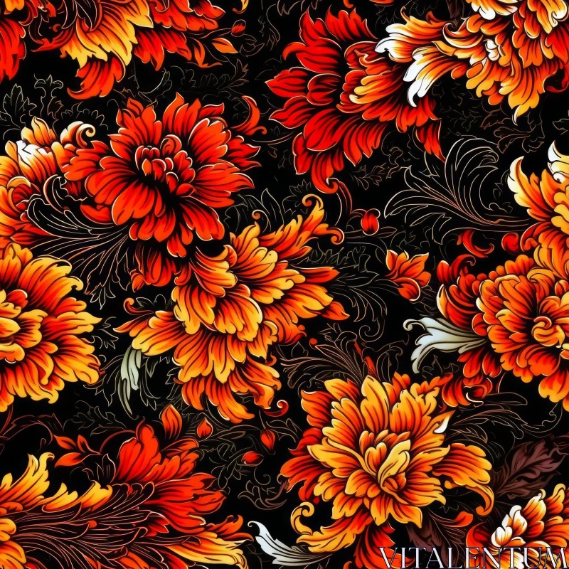 Intricate Red and Orange Floral Pattern on Black Background AI Image