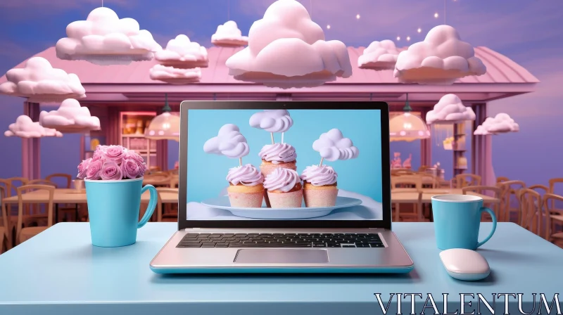 AI ART Laptop with Cupcakes on Table