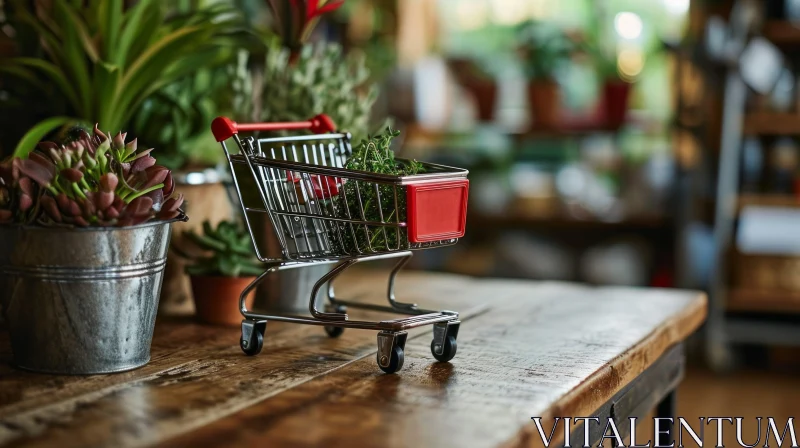 Miniature Metal Shopping Cart with Green Plant - Captivating Still Life AI Image