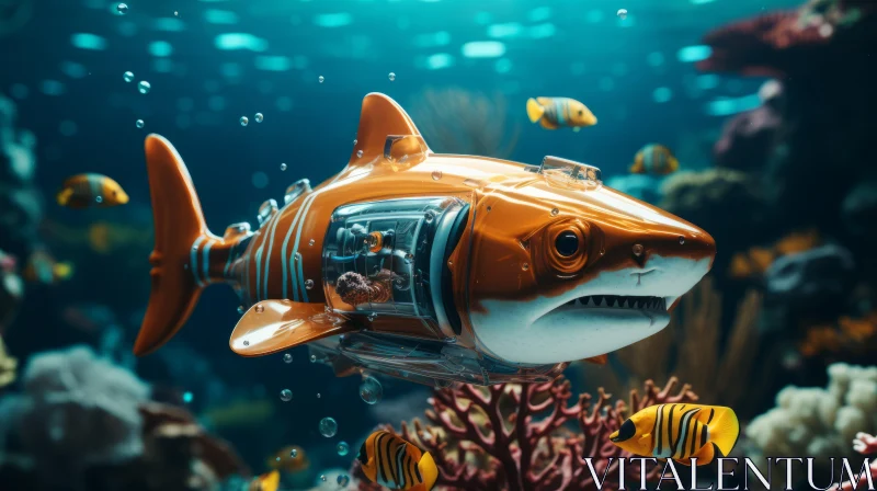 Orange Shark and Robot in Ocean - A Baroque Vintage Imagery AI Image