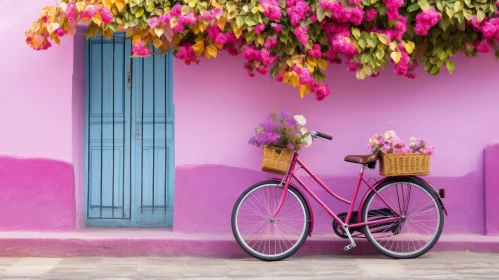 Pink Bicycle with Flower Baskets Parked in Front of Bougainvillea Wall