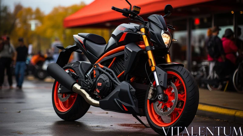 Sport Motorcycle Parked on Wet City Street AI Image