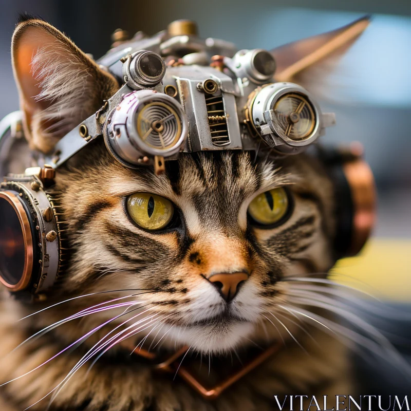Steampunk-inspired Cat with Gear-shaped Helmet AI Image