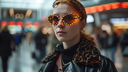 Stylish Woman with Orange Sunglasses and Leather Jacket