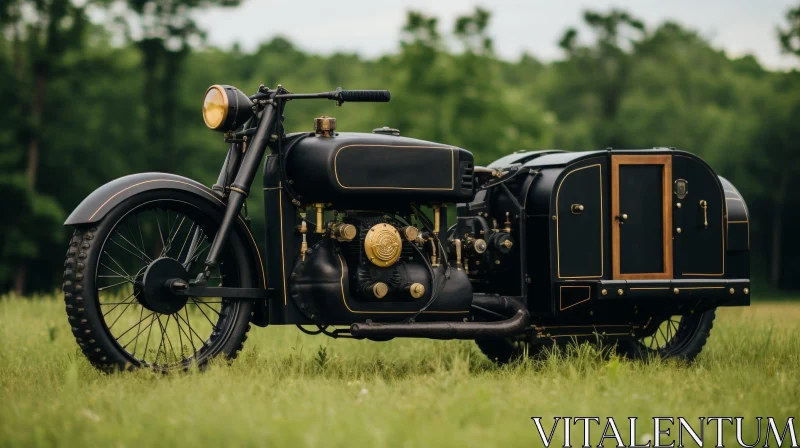 Vintage Black Motorcycle with Sidecar on Green Field AI Image