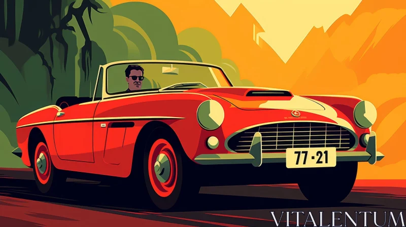 Vintage Car Illustration: Man Driving Red Convertible on Winding Road AI Image