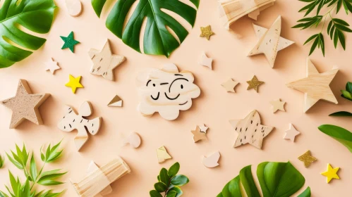 Wooden Shapes and Tropical Leaves Flat Lay on Beige Background