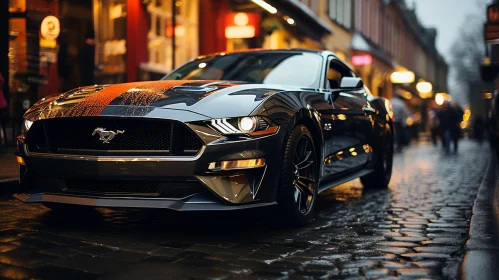 Black Ford Mustang GT on Cobblestone Street