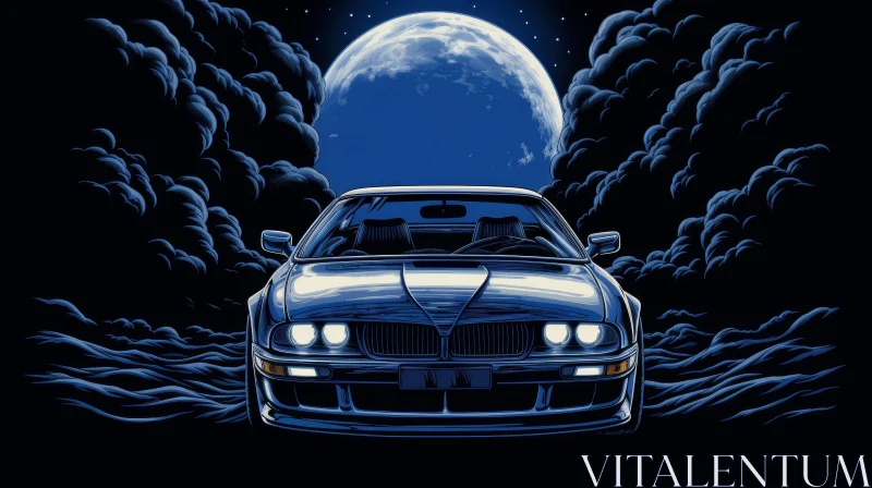 Blue Retro Car on Asphalt Road Under Full Moon AI Image