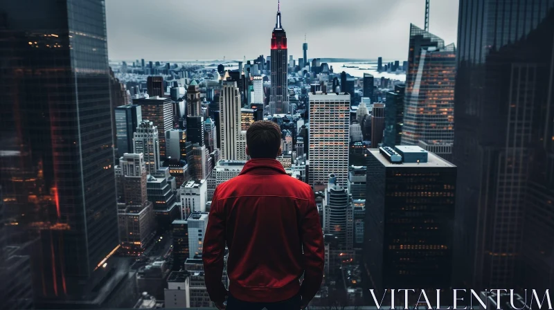 City Rooftop View: Man in Red Jacket AI Image